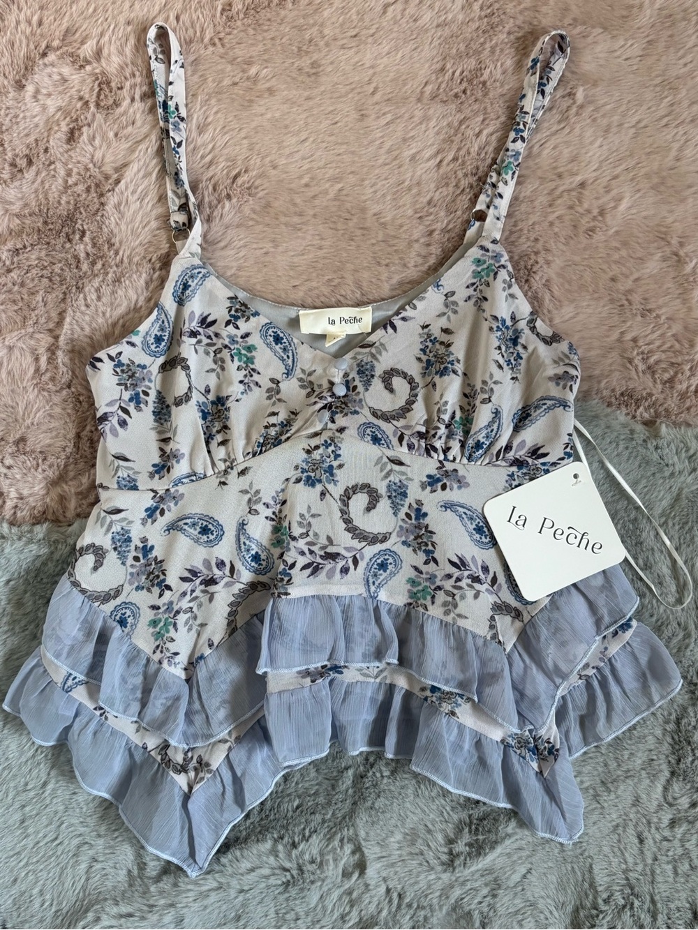 La peche blue floral ruffle tank